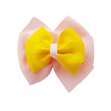 School uniform hair accessories Double Bella Hair Bow 10cm - Light Pink Base & Centre Ribbon Daffodil Yellow - Pinkberry Kisses