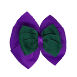 School uniform hair accessories Double Bella Bow 10cm - Purple Base & Centre Ribbon Dark Green - Pinkberry Kisses