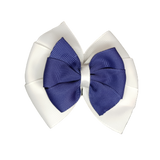 School uniform hair accessories Double Bella Hair Bow 10cm - White Base & Centre Ribbon navy Blue - Pinkberry Kisses