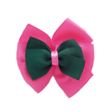 School uniform hair accessories Double Bella Bow 10cm School Non Slip Hair Clip - Pinkberry Kisses Hot Pink Base & Centre Ribbon Hunter Green 