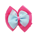 School uniform hair accessories Double Bella Bow 10cm School Non Slip Hair Clip - Pinkberry Kisses Hot Pink Base & Centre Ribbon Light Blue 