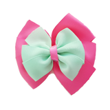 School uniform hair accessories Double Bella Bow 10cm School Non Slip Hair Clip - Pinkberry Kisses Hot Pink Base & Centre Ribbon Mint Green 