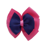 School uniform hair accessories Double Bella Bow 10cm School Non Slip Hair Clip - Pinkberry Kisses Hot Pink Base & Centre Ribbon Navy Blue 