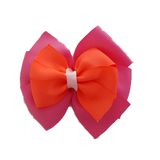 School uniform hair accessories Double Bella Bow 10cm School Non Slip Hair Clip - Pinkberry Kisses Hot Pink Base & Centre Ribbon Neon Orange 