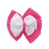 School uniform hair accessories Double Bella Bow 10cm School Non Slip Hair Clip - Pinkberry Kisses Hot Pink Base & Centre Ribbon White 