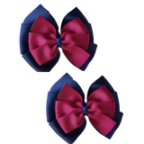 School uniform hair accessories Double Bella Bow 10cm - Navy Blue Base & Centre Ribbon Burgundy Hair Bow Pair - Pinkberry Kisses