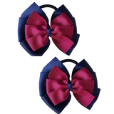 School uniform hair accessories Double Bella Bow 10cm - Navy Blue Base & Centre Ribbon Burgundy Hair Tie Pair - Pinkberry Kisses