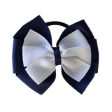 School uniform hair accessories Double Bella Bow 10cm - Navy Blue Base & Centre Ribbon White - Pinkberry Kisses