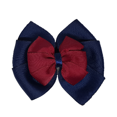 School uniform hair accessories Double Bella Bow 10cm - Navy Blue Base & Centre Ribbon Burgundy - Pinkberry Kisses