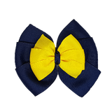 School uniform hair accessories Double Bella Bow 10cm - Navy Blue Base & Centre Ribbon Daffodil Yellow - Pinkberry Kisses