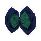School uniform hair accessories Double Bella Bow 10cm - Navy Blue Base & Centre Ribbon Green - Pinkberry Kisses