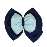 School uniform hair accessories Double Bella Bow 10cm - Navy Blue Base & Centre Ribbon Light Blue - Pinkberry Kisses