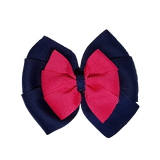 School uniform hair accessories Double Bella Bow 10cm - Navy Blue Base & Centre Ribbon Hot Pink - Pinkberry Kisses