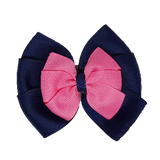 School uniform hair accessories Double Bella Bow 10cm - Navy Blue Base & Centre Ribbon Shocking Pink - Pinkberry Kisses