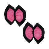 School Hair accessories Double Bella Bow 10cm Hair Clip Pair Non Slip Hair Bows Pinkberry Kisses Black Base & Centre Ribbon Hot Pink 