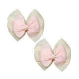 School uniform hair accessories Double Bella Hair Bow 10cm School Pair of Non Slip Hair Clip - Pinkberry Kisses Ivory Cream Base & Centre Ribbon Light Pink 
