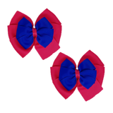 School uniform hair accessories Double Bella Bow 10cm School Non Slip Hair Clip - Pinkberry Kisses Pair of Hair Clips Shocking Pink Base & Centre Ribbon Electric Blue 