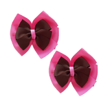 School uniform hair accessories Double Bella Bow 10cm School Non Slip Hair Clip - Pinkberry Kisses Pair of Hair Clips Hot Pink Base & Centre Ribbon Brown