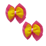 School uniform hair accessories Double Bella Bow 10cm School Non Slip Hair Clip - Pinkberry Kisses Pair of Hair Clips Hot Pink Base & Centre Ribbon Daffodil Yellow 
