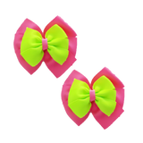 School uniform hair accessories Double Bella Bow 10cm School Non Slip Hair Clip - Pinkberry Kisses Pair of Hair Clips Hot Pink Base & Centre Ribbon Key Lime 