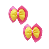 School uniform hair accessories Double Bella Bow 10cm School Non Slip Hair Clip - Pinkberry Kisses Pair of Hair Clips Hot Pink Base & Centre Ribbon Lemon Yellow 
