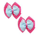 School uniform hair accessories Double Bella Bow 10cm School Non Slip Hair Clip - Pinkberry Kisses Pair of Hair Clips Hot Pink Base & Centre Ribbon Light Blue 