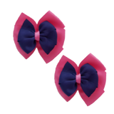 School uniform hair accessories Double Bella Bow 10cm School Non Slip Hair Clip - Pinkberry Kisses Pair of Hair Clips Hot Pink Base & Centre Ribbon Navy Blue 