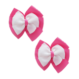 School uniform hair accessories Double Bella Bow 10cm School Non Slip Hair Clip - Pinkberry Kisses Pair of Hair Clips Hot Pink Base & Centre Ribbon White