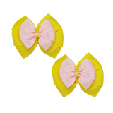 School uniform hair accessories Double Bella Bow 10cm School Non Slip Hair Clip - Pinkberry Kisses Pair of Hair Clips Lemon Yellow Base & Centre Ribbon Light Pink 