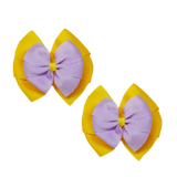 School Hair accessories Double Bella Bow 10cm Hair Clip Pair Non Slip Hair Bows Pinkberry Kisses Maize Yellow Base & Centre Ribbon Light Orchid 