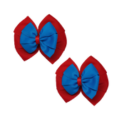 School Hair accessories Double Bella Bow 10cm Hair Clip Pair Non Slip Hair Bows Pinkberry Kisses Red Base & Centre Ribbon Methyl Blue