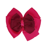 School uniform hair accessories Double Bella Bow 10cm School Non Slip Hair Clip - Pinkberry Kisses Shocking Pink Base & Centre Ribbon Burgundy 