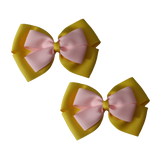 School uniform hair accessories Double Cherish Bow Non Slip Hair Clip Hair Bow Hair Tie - Daffodil Yellow Base & Centre Ribbon 11cm Pinkberry Kisses Daffodil Yellow Light Pink Pair 
