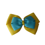 School uniform hair accessories Double Cherish Bow Non Slip Hair Clip Hair Bow Hair Tie - Daffodil Yellow Base & Centre Ribbon 11cm Pinkberry Kisses Daffodil Yellow Misty Turquoise 
