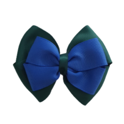 School uniform hair accessories Double Cherish Bow 11cm - Hunter Green Base & Centre Ribbon Electric Blue - Pinkberry Kisses Non Slip Hair Clip Hair Tie 