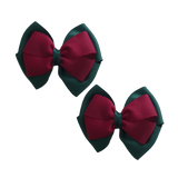 School uniform hair accessories Double Cherish Bow 11cm - Hunter Green Base & Centre Ribbon Burgundy Pair - Pinkberry Kisses Non Slip Hair Clip Hair Tie