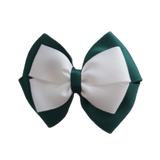 School uniform hair accessories Double Cherish Bow 11cm - Hunter Green Base & Centre Ribbon White - Pinkberry Kisses Non Slip Hair Clip Hair Tie