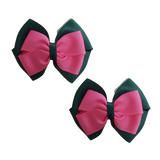School uniform hair accessories Double Cherish Bow 11cm - Hunter Green Base & Centre Ribbon Hot Pink - Pinkberry Kisses Non Slip Hair Clip Hair Tie