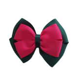 School uniform hair accessories Double Cherish Bow - Hunter Green Forest Green Base & Centre Ribbon Hot Pink - Pinkberry Kisses