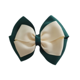 School uniform hair accessories Double Cherish Bow - Hunter Green Forest Green Base & Centre Ribbon Ivory - Pinkberry Kisses