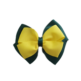 School uniform hair accessories Double Cherish Bow - Hunter Green Forest Green Base & Centre Ribbon Lemon Yellow - Pinkberry Kisses