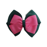 School uniform hair accessories Double Cherish Bow - Hunter Green Forest Green Base & Centre Ribbon Shocking Pink - Pinkberry Kisses