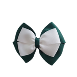 School uniform hair accessories Double Cherish Bow - Hunter Green Forest Green Base & Centre Ribbon White - Pinkberry Kisses