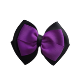 School uniform hair accessories Double Cherish Bow 9cm - Black Base & Centre Ribbon Purple - Pinkberry Kisses