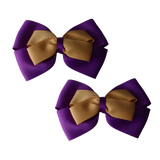School uniform hair accessories Double Cherish Bow 11cm non Slip Hair Clip Hair Tie - Purple Base & Centre Ribbon - Pinkberry Kisses Purple Gold Pair 