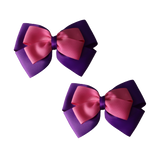 School uniform hair accessories Double Cherish Bow 11cm non Slip Hair Clip Hair Tie - Purple Base & Centre Ribbon - Pinkberry Kisses Purple Hot Pink Pair 
