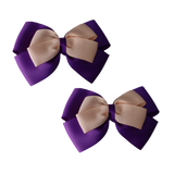 School uniform hair accessories Double Cherish Bow 11cm non Slip Hair Clip Hair Tie - Purple Base & Centre Ribbon - Pinkberry Kisses Purple Peach Pair