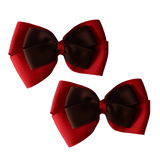 School uniform hair accessories Double Cherish Bow 11cm non Slip Hair Clip Hair Tie - Red Base & Centre Ribbon - Pinkberry Kisses Red Brown 11cm