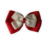 School uniform hair accessories Double Cherish Bow 11cm non Slip Hair Clip Hair Tie - Red Base & Centre Ribbon - Pinkberry Kisses Red Cream Ivory 