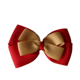 School uniform hair accessories Double Cherish Bow 11cm non Slip Hair Clip Hair Tie - Red Base & Centre Ribbon - Pinkberry Kisses Red Gold 